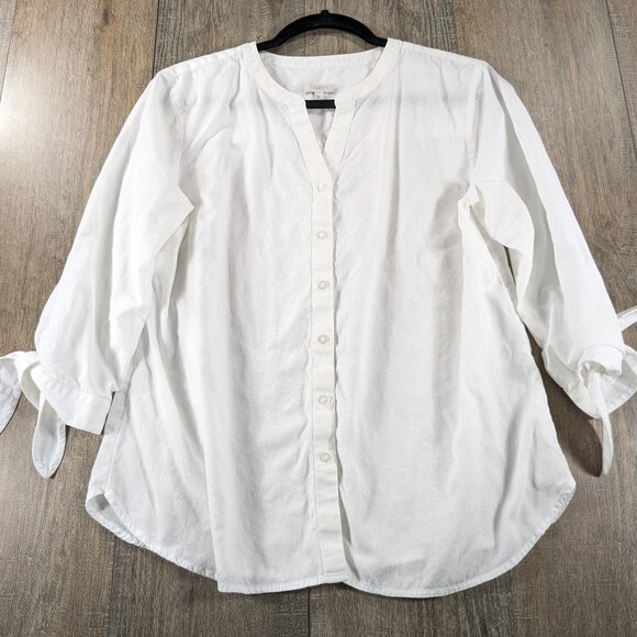Talbots Top Womens Medium Petite White Button Up 3/4 Tie Sleeve Cotton Preppy - Picture 1 of 10
